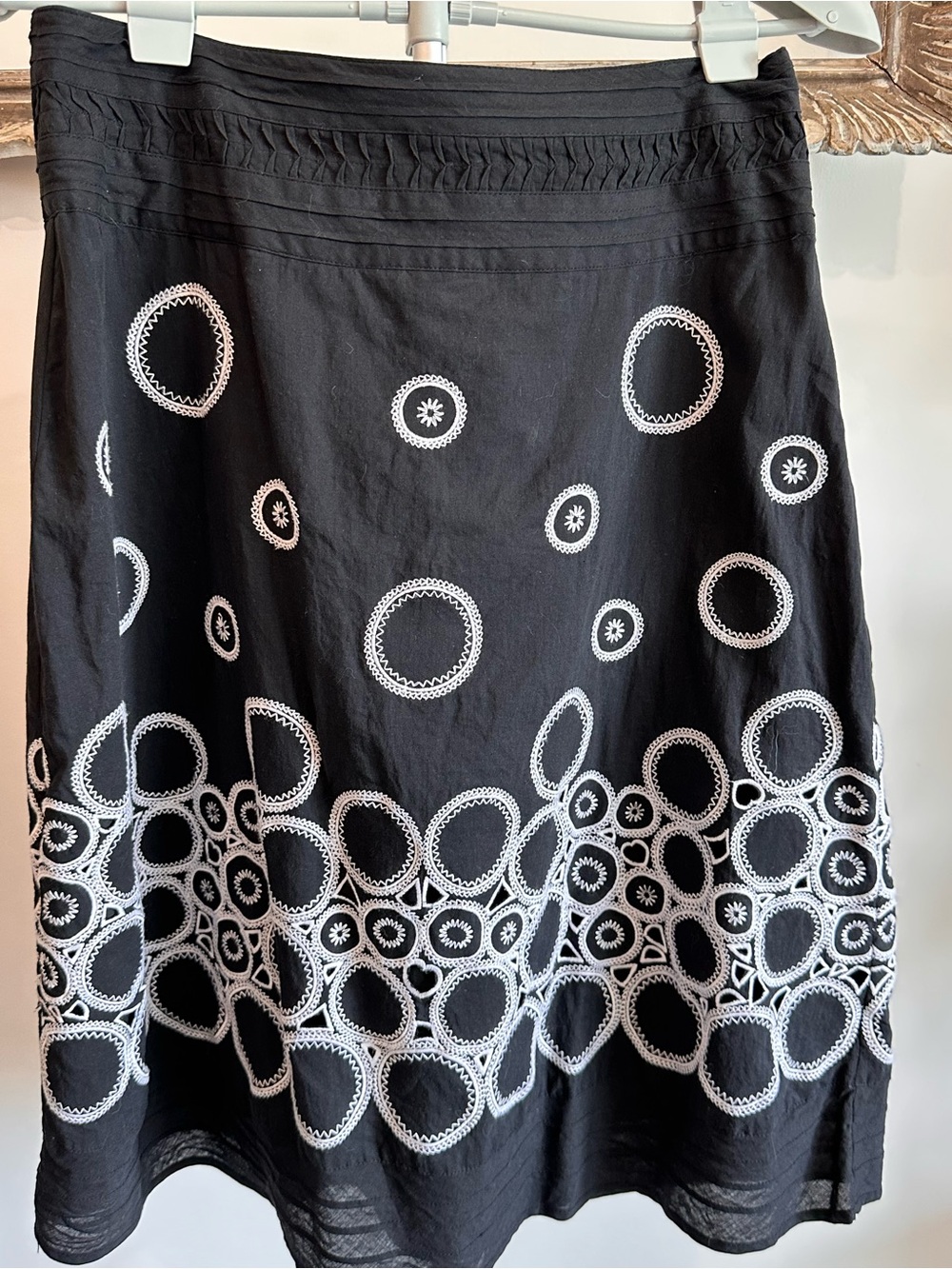 Black A-Line Midi Skirt with White Circle Embroidery